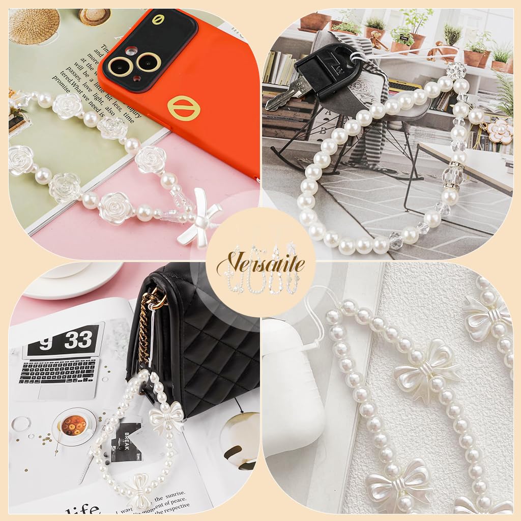 HASTHIP® 4 Piezas Colgantes para Teléfono con Perlas y Lazo Floral, Cuerda con Cuentas Kawaii, Correa de Muñeca Decorativa para Chicas, Accesorio de Móvil Ideal como Regalo