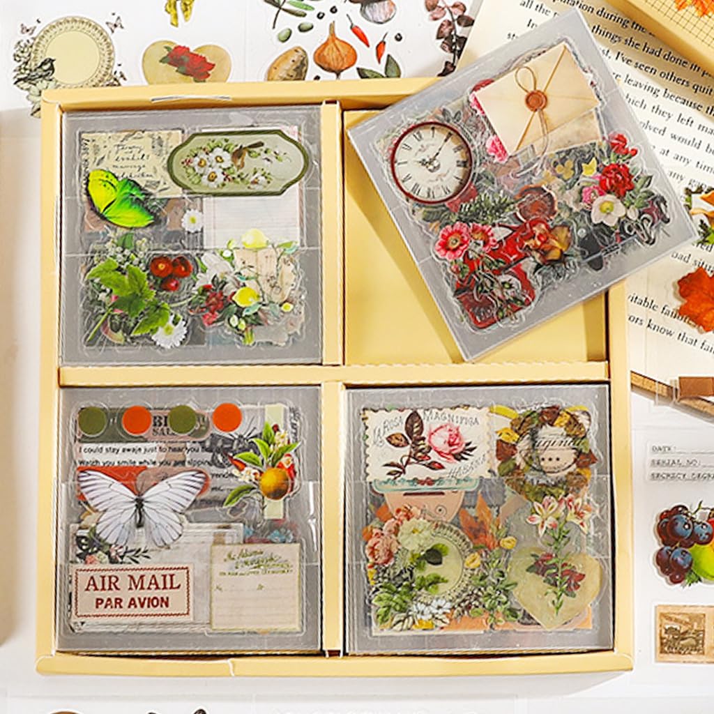 HASTHIP® 100 Sheet/640Pcs Vintage Journal Stickers - Self Adhesive Retro Flower Butterfly Plant Mushroom Decorative Stickers for Scrapbook, DIY Crafts Album Phone Cases Laptops Notebook