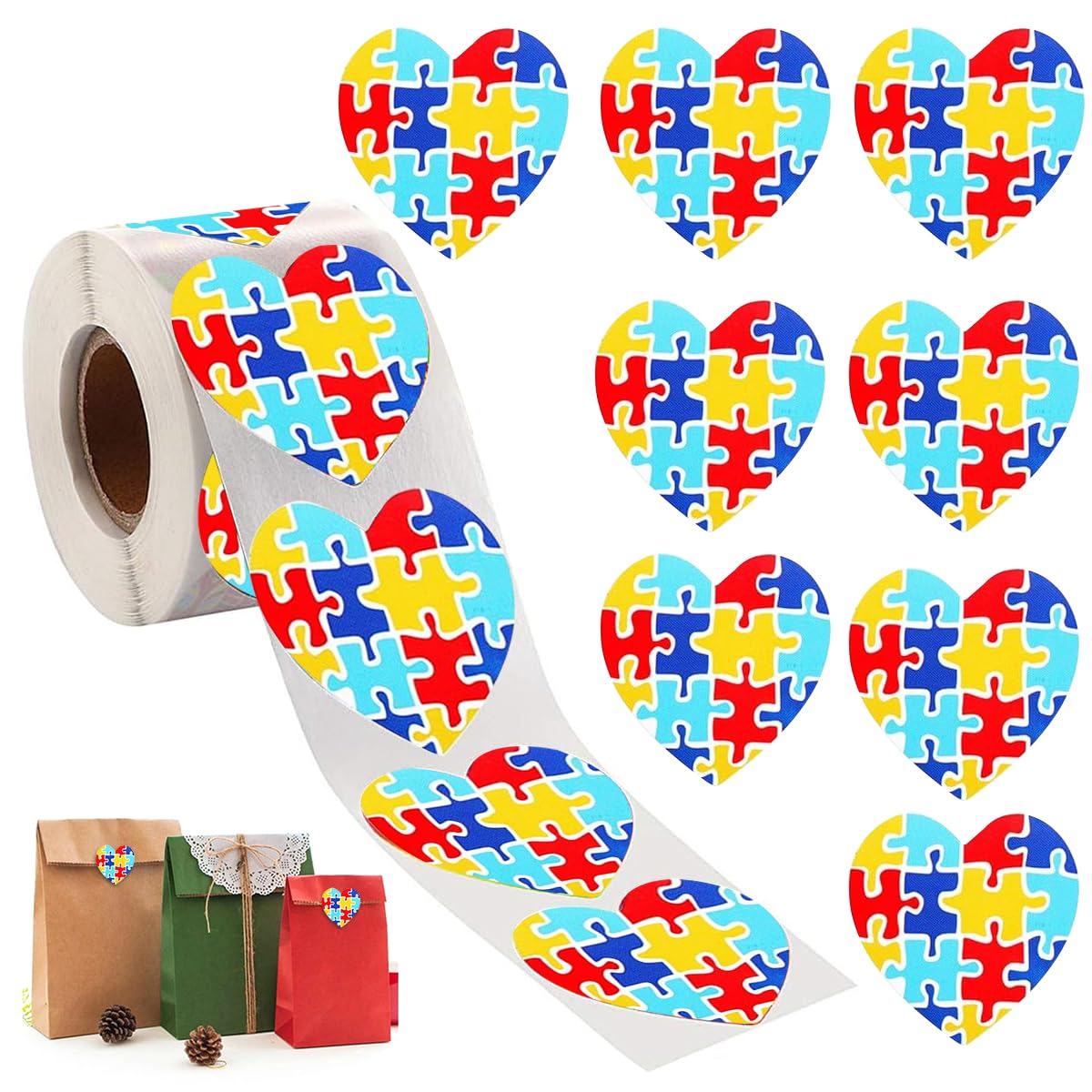 500Pcs Heart-Shaped Autism Stickers - Colorful Puzzle Self-Adhesive Labels for Events, Gifts & Packaging, Envelope Tab Sealer Autism Awareness Gifts for Women Men Kids Teen