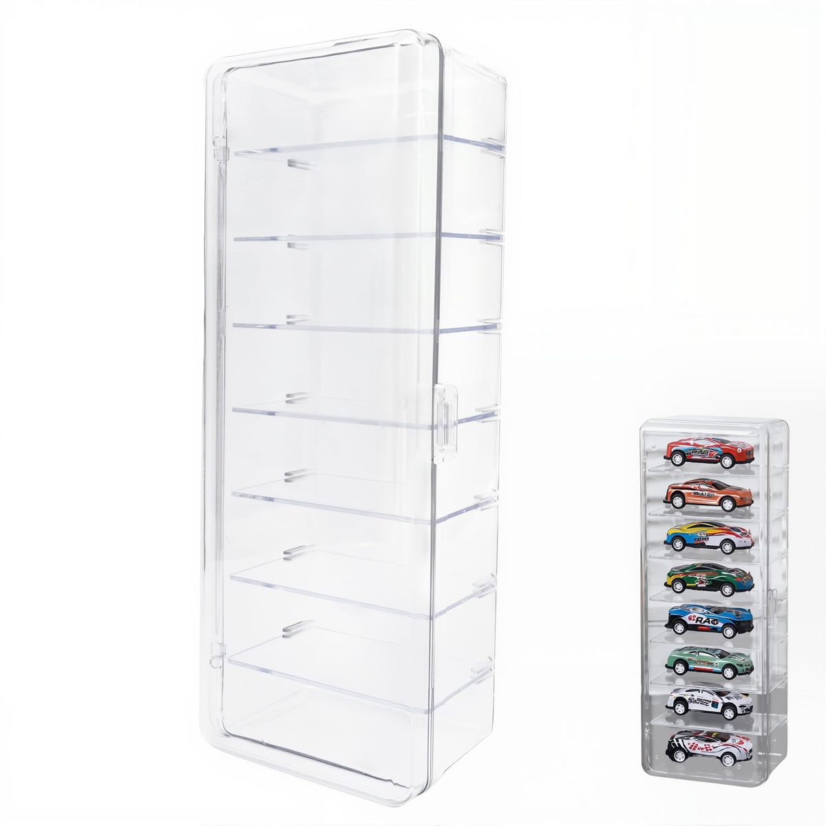 HASTHIP Mini Racing Car Display Box with 8 Compartments and Front Door | Clear 7.5x10.5x26 cm Organizer