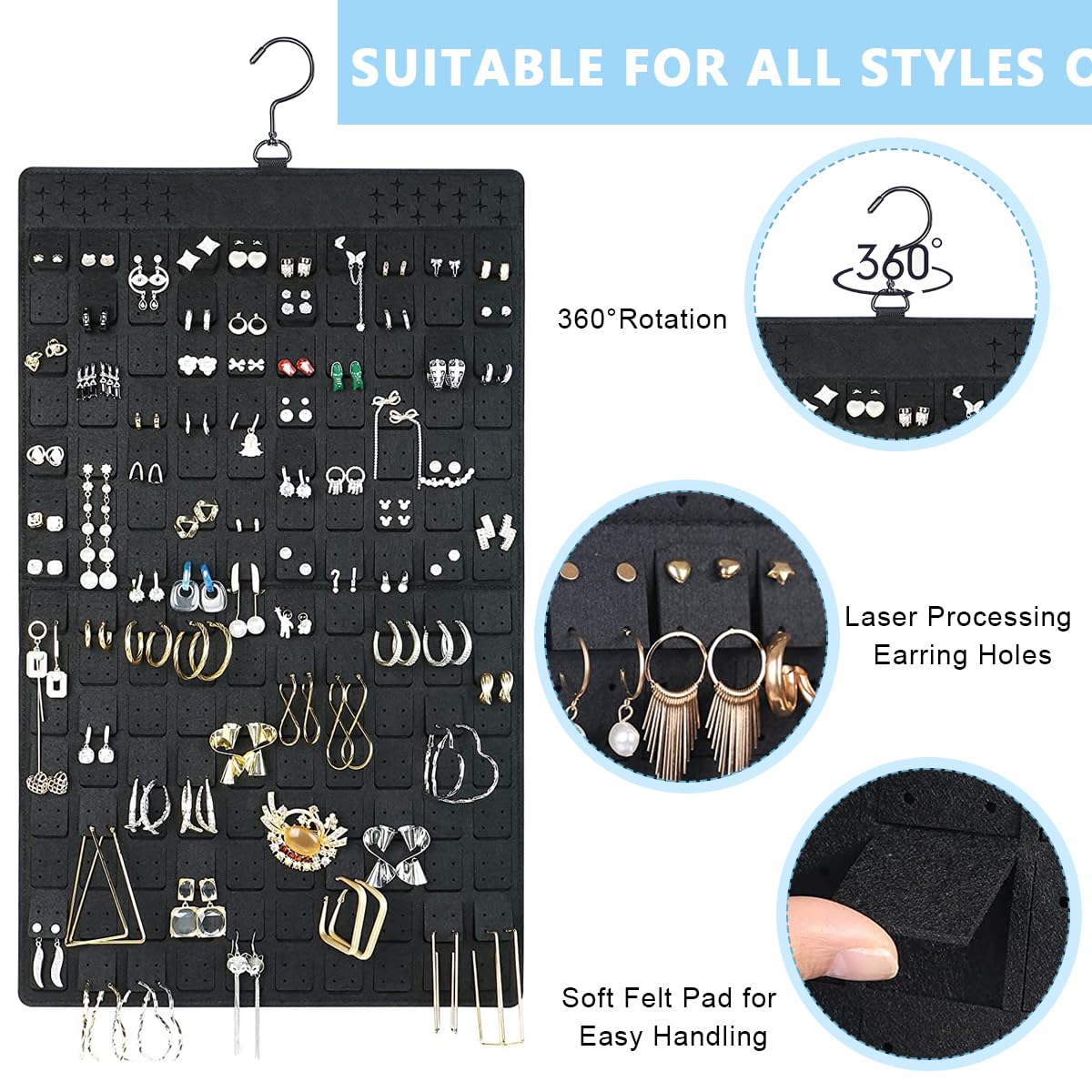 HASTHIP Hanging Jewellery Organizer for Closet and Wall with Dual Sides | Holds 300 Pairs and 30 Necklaces Black