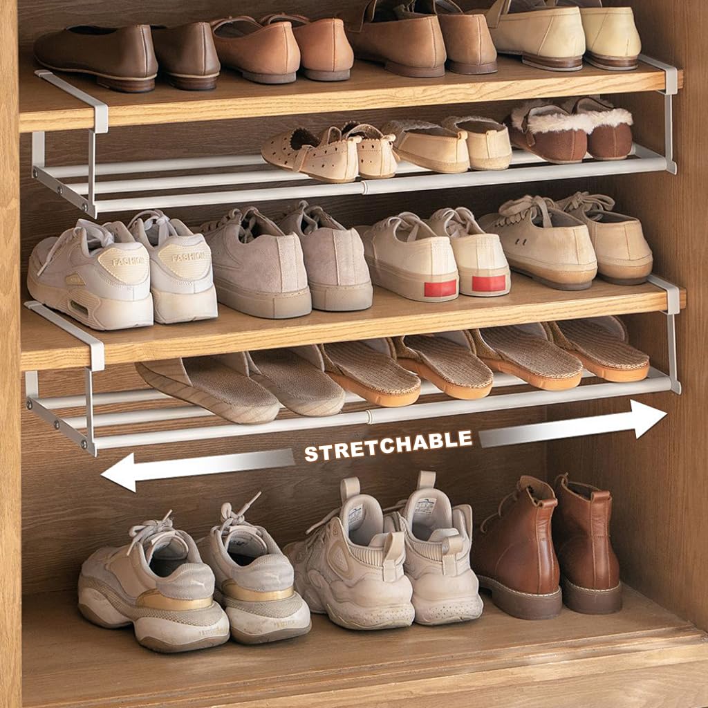 HASTHIP® 2pcs Adjustable Shoe Rack for Shoe Cabinet - Expandable Hanging Shelf Divider, Fits 15.7-23.6 Inches, White, Easy Tool-Free Installation, Space-Saving Organizer for Kids' Shoes, Slippers