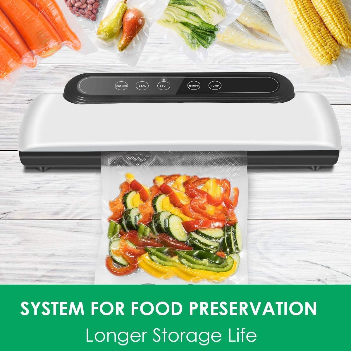 Vacuum Sealer, Automatic Food Sealer with Built-in Cutter& Roll Bag Storage, Machine for Food Storage and Preservation with Dry&Moist Modes with 10 Reusable Bags