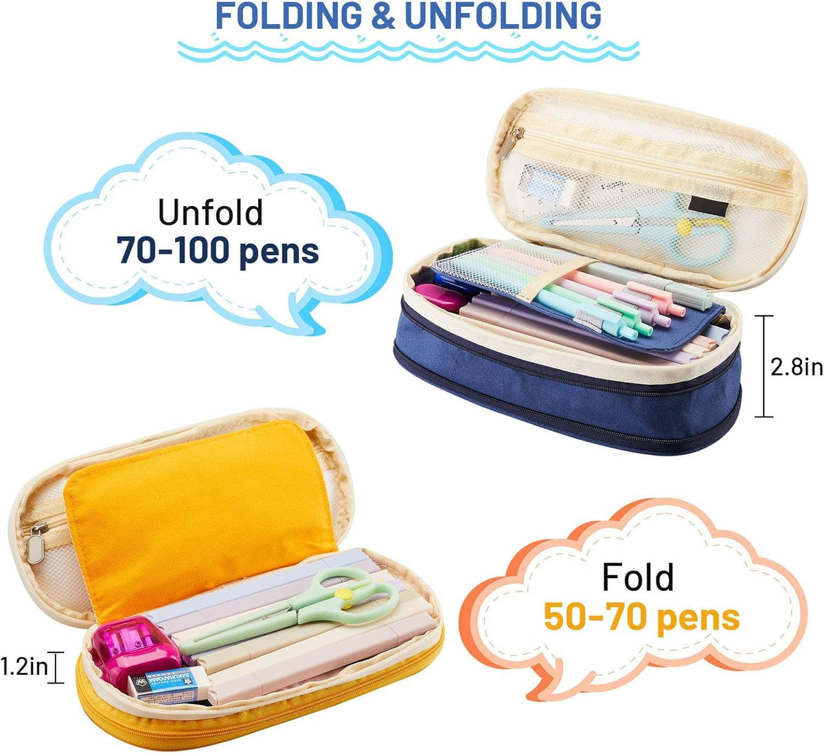 HASTHIP Pencil Pouch for School and Office with Double Zipper Compartments 22x11 cm | Navy Blue Nylon Case