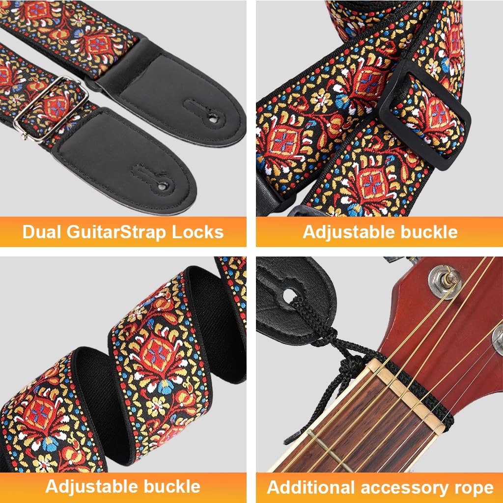 HASTHIP Guitar Strap featuring Double-Sided Embroidery Adjustable 34–41 in for Acoustic Electric Bass | 3PCS Gift for Players