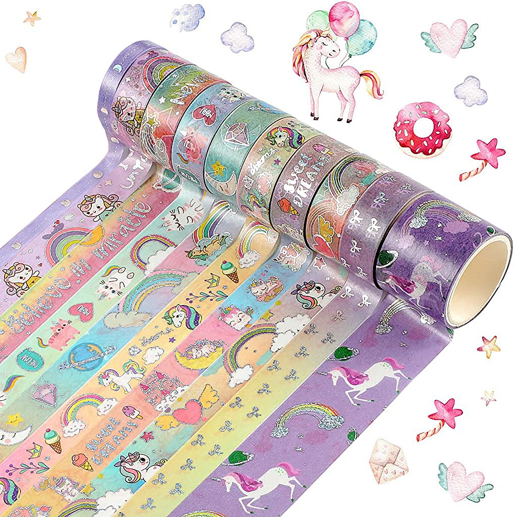 10 Rolls Unicorn Washi Tape Glitter Unicorn Pattern Washi Tape Decorative Adhesive Tape for DIY ,Beautify Bullet Journals,Planners