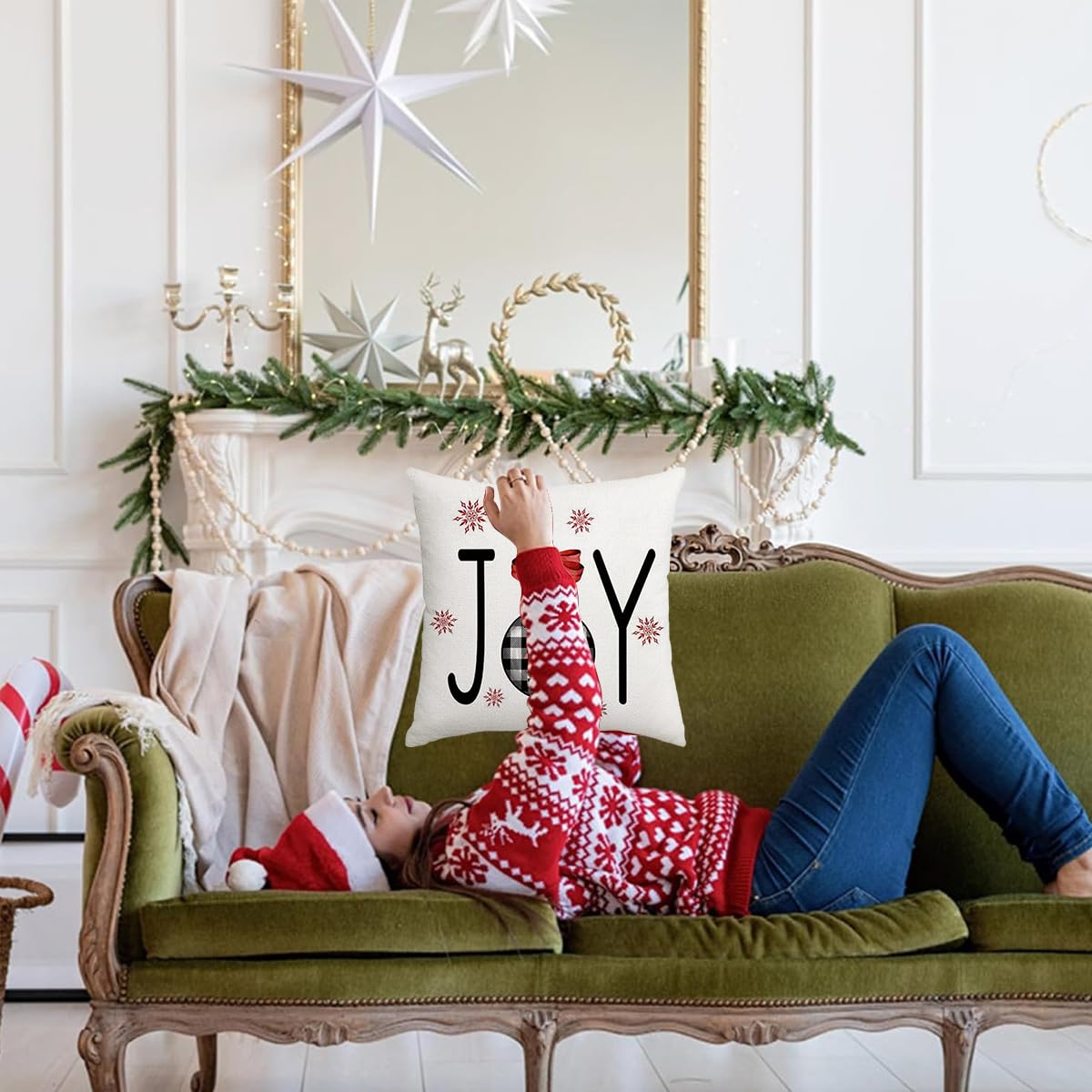 HASTHIP® 4Pcs Christmas Square Pillow Covers 15.7 inches SquareLinen Printed Pillow Cover Classic Christmas Sofa Pillow Covers SquarePillow Covers for Christmas