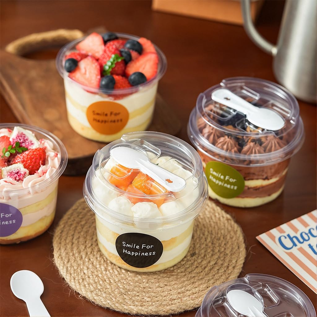 HASTHIP® 250ML Clear Dessert Cups with Lids and Spoons Set, 25 Pack Mini Round Parfait Cups for Pudding, Jello, Milkshake, Yogurt, Fruit, Ice Cream, Reusable Plastic Dessert Containers