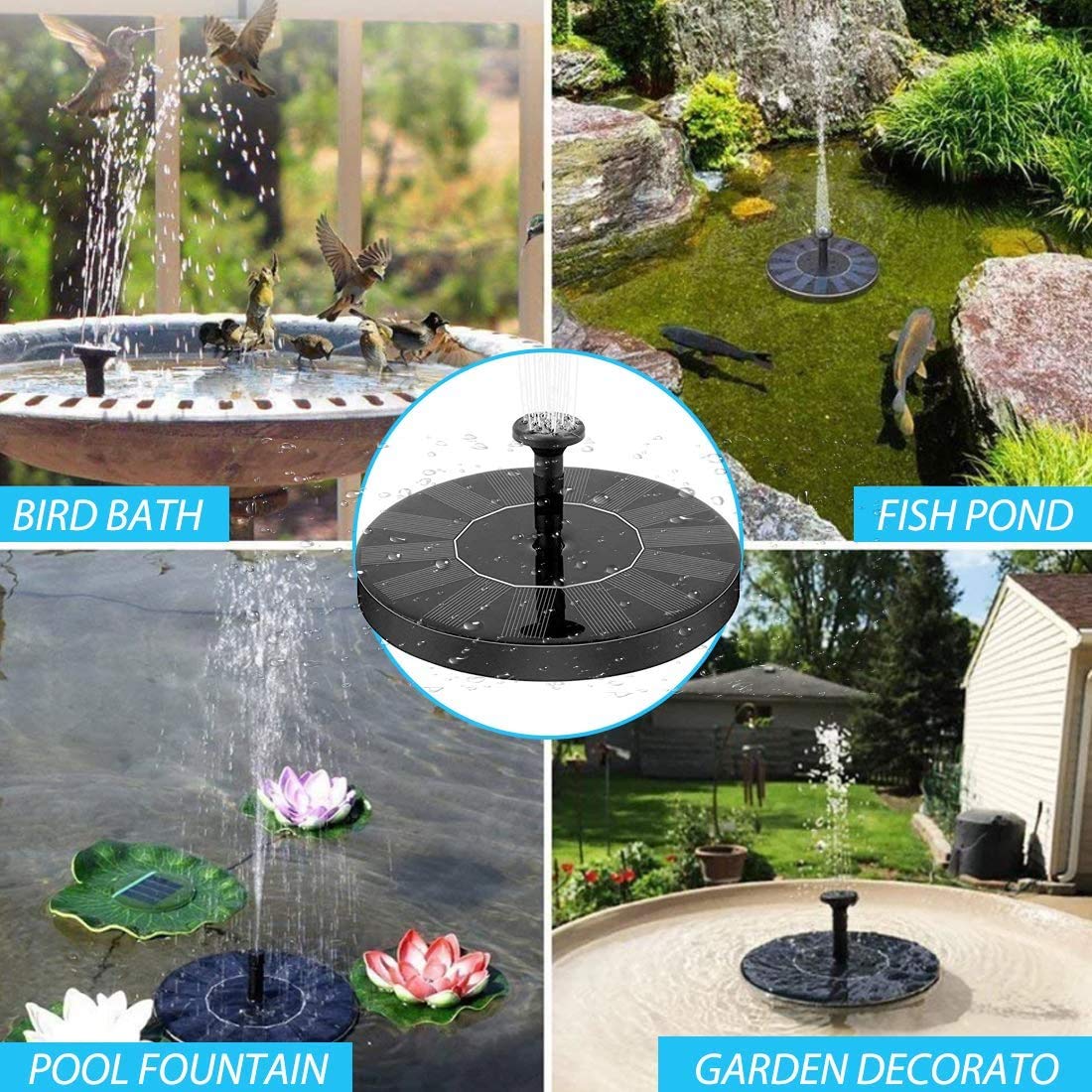 HASTHIP Solar Fountain Pump for Bird Bath and Garden with 7V 1.4W Panel | 5 Nozzles Black
