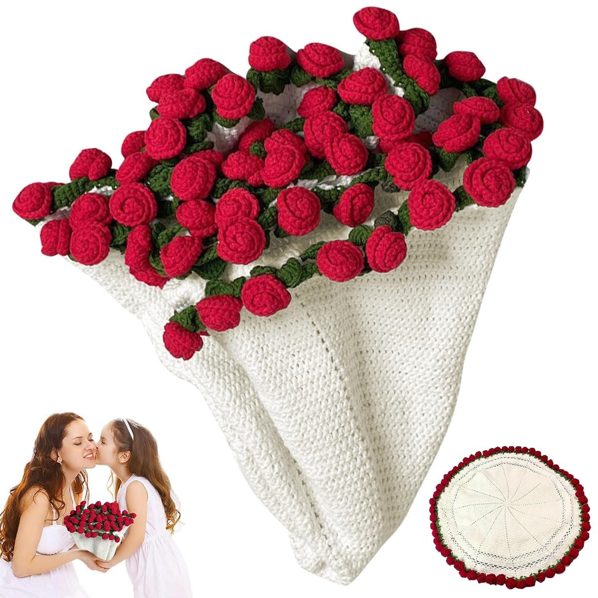 HASTHIP Crochet Flower Blanket for Couch Gift featuring 3D Rose Edge and 43 in Diameter
