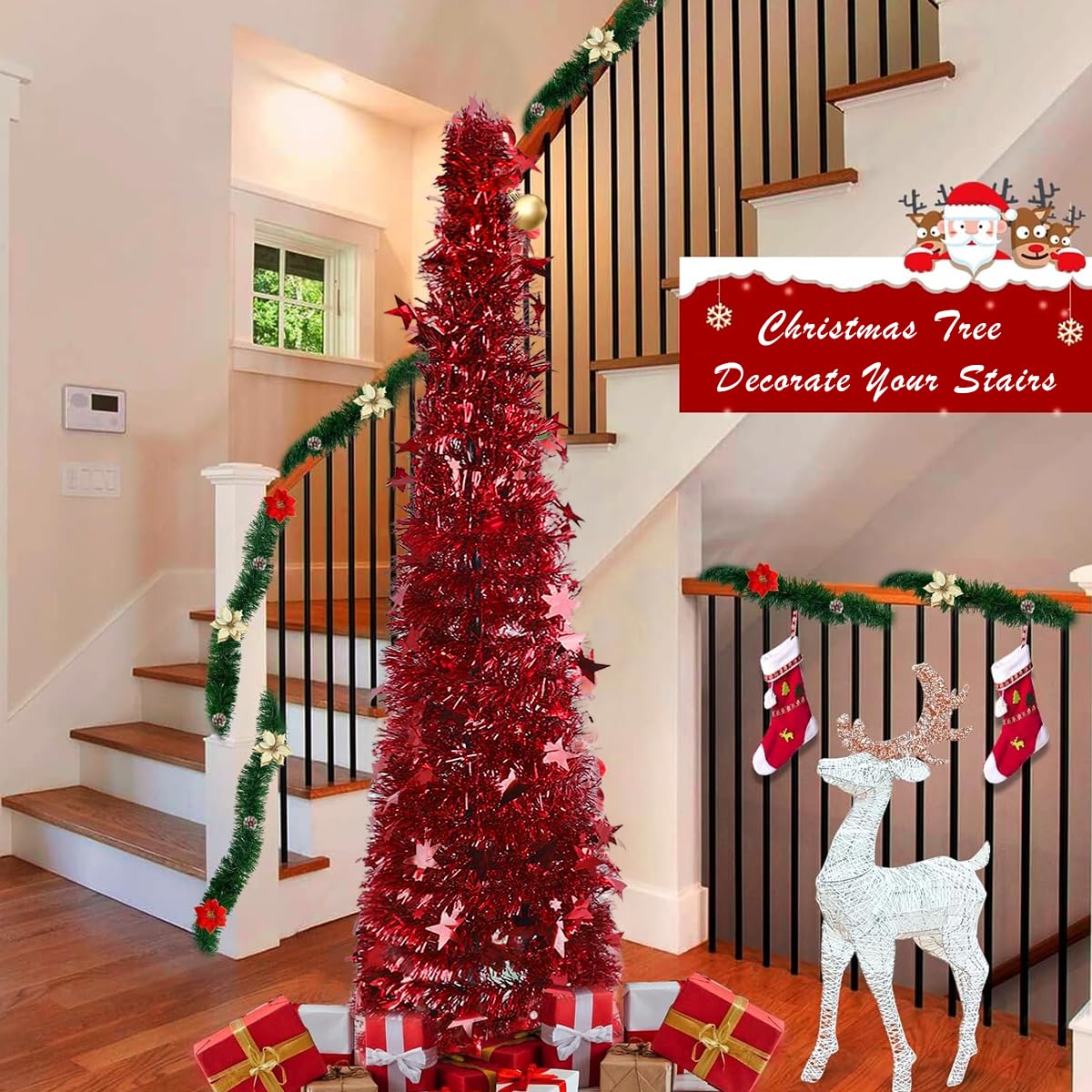 HASTHIP Christmas Tree for Holiday Decor with 1.5 m Red Tinsel Garland & Easy DIY Assembly