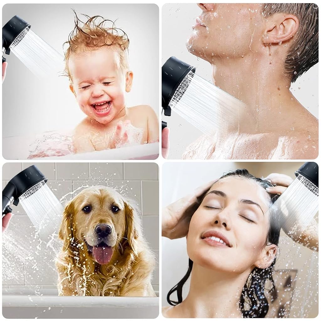 Shower Head Kit Water-saving Pressurized Shower Head with LCD Temperature 5 Spray Modes Self Adhesive Bathroom Pressurized Shower Head Kit with 1.5m Hose