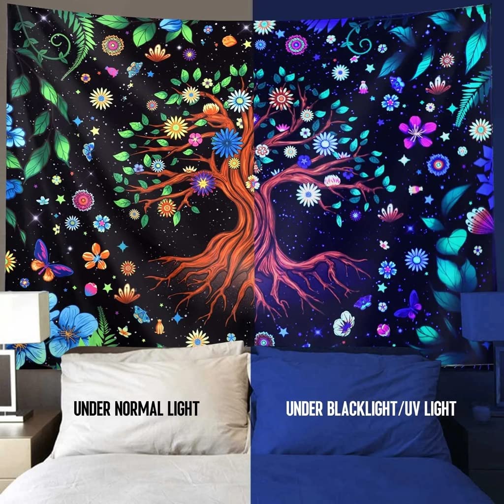 HASTHIP Tree of Life Tapestry for Wall Decor featuring UV Light Reactive Glow | 51in x 59in 2PCS
