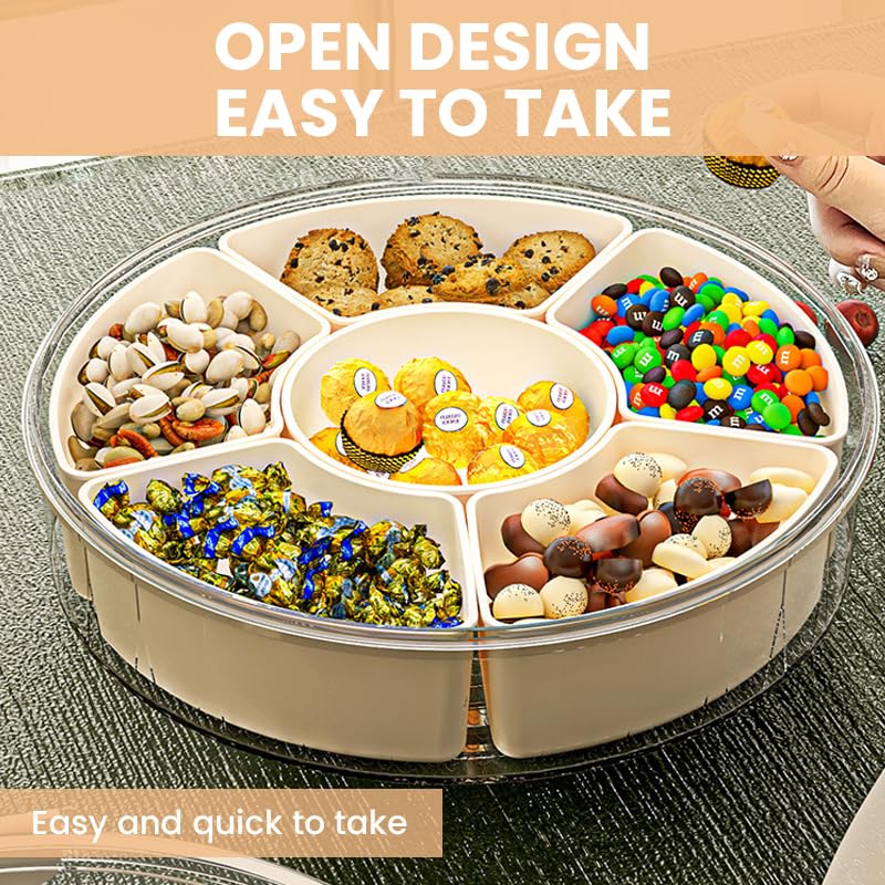HASTHIP® 11 inch Divided Serving Tray with Lockable Lid & Folding Handle, 360 ° Rotation, 6-Compartment Food Container Food Platter for Serving Fresh Fruits, Dry Fruits, Mixed, Nuts, Snack