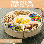 HASTHIP® 11 inch Divided Serving Tray with Lockable Lid & Folding Handle, 360 ° Rotation, 6-Compartment Food Container Food Platter for Serving Fresh Fruits, Dry Fruits, Mixed, Nuts, Snack