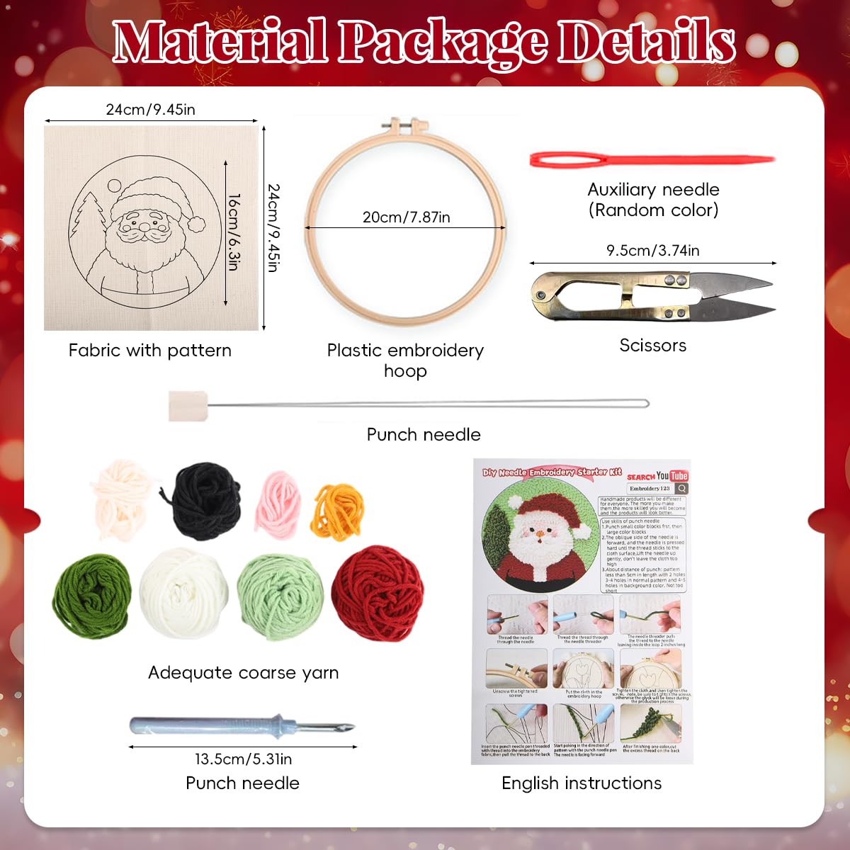HASTHIP Embroidery Kit for Beginners for Christmas Crafting with 7.8 in Hoop | Fun DIY Santa Claus Punch Needle Set for Kids and Adults