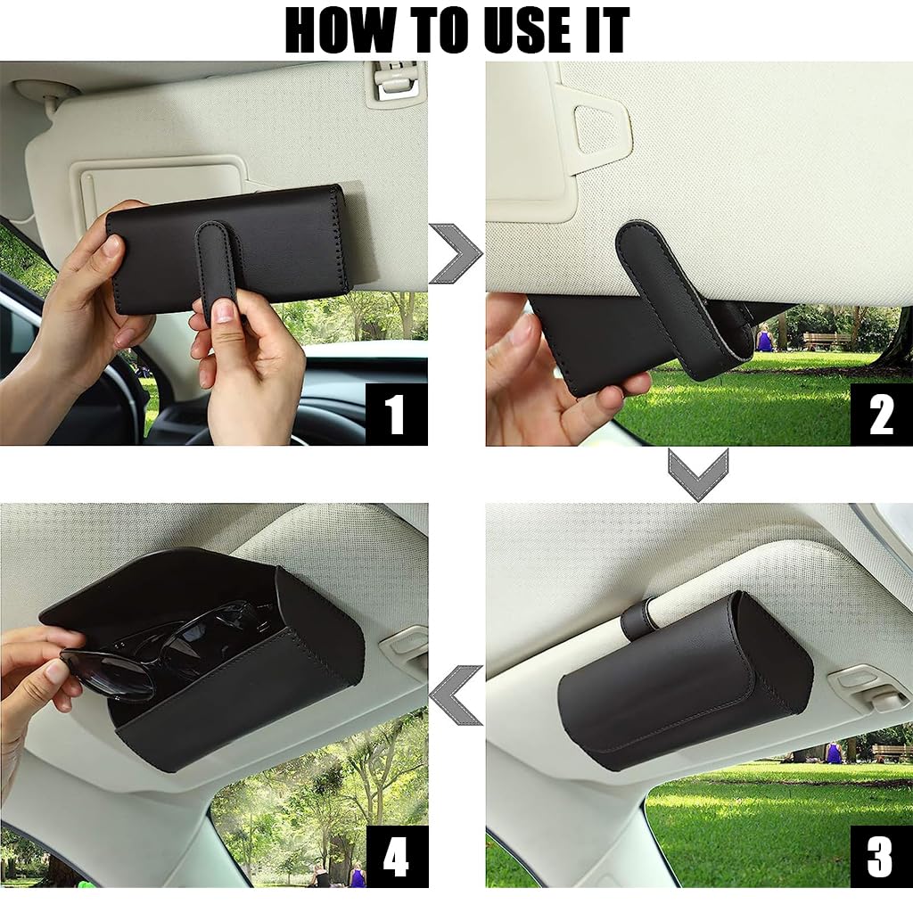 HASTHIP® Organizador de Gafas de Sol para Coche,Caja Almacenamiento Visera con Clip Magnético,Porta Gafas PU Cuero para Visera Solar Soporte con Cierre Imantado Antideslizante