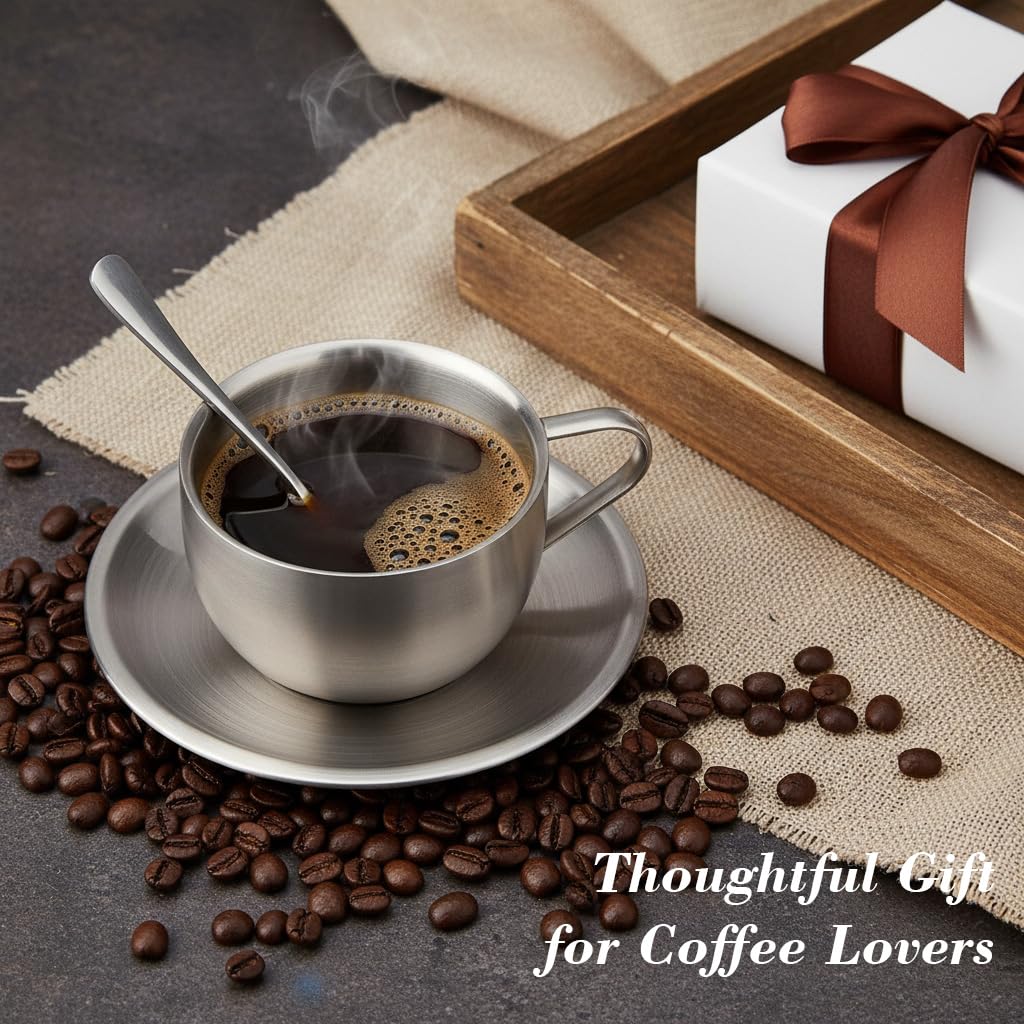 HASTHIP® Stainless Steel Coffee Cup Set, 6oz/180ml Double Wall Insulated Espresso Mugs with Saucer and Spoon, Durable Reusable Coffee Cups for Latte Cappuccino Milk Tea, Dishwasher Safe Silver