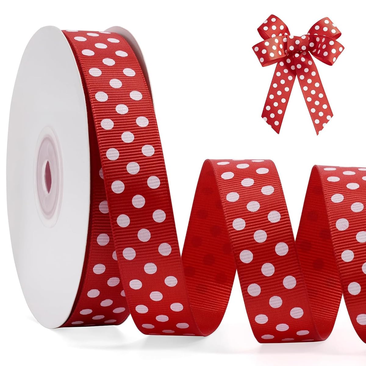 HASTHIP Red Polka Dot Ribbon Roll for Gift Wrapping and Crafts 25mm x 24 Yards | Ribbed Texture