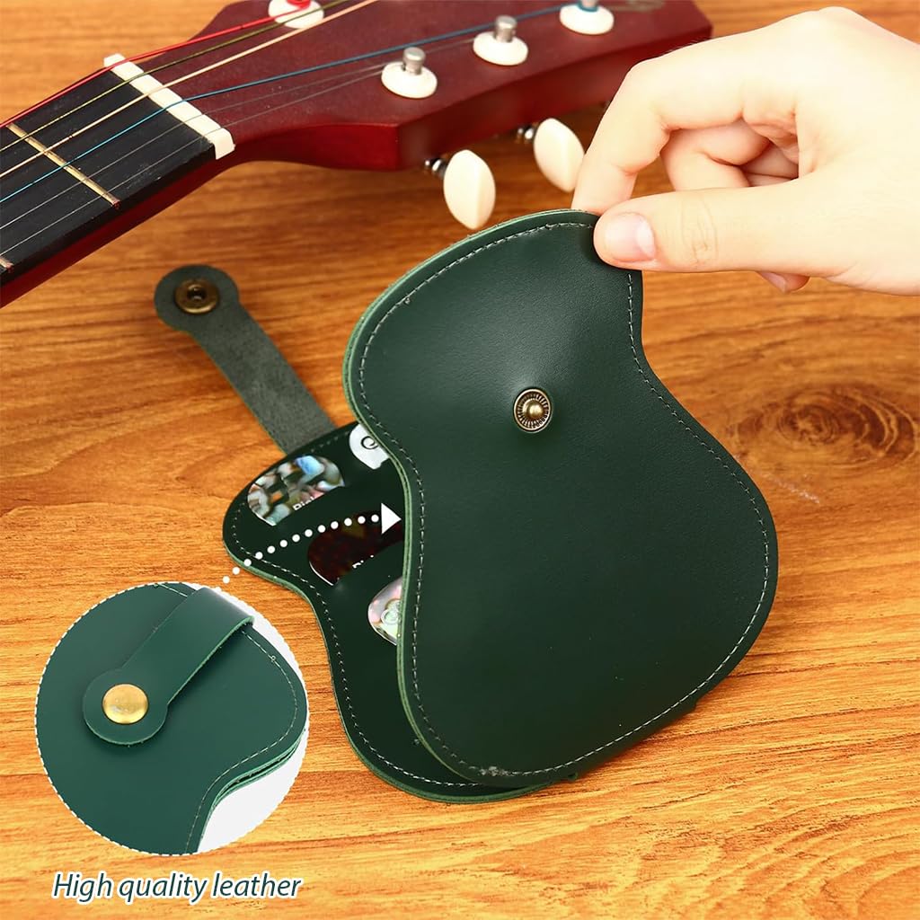 HASTHIP Guitar Pick Holder Case for 18 Picks featuring Bi Fold Design with Snap Closure and Green PU