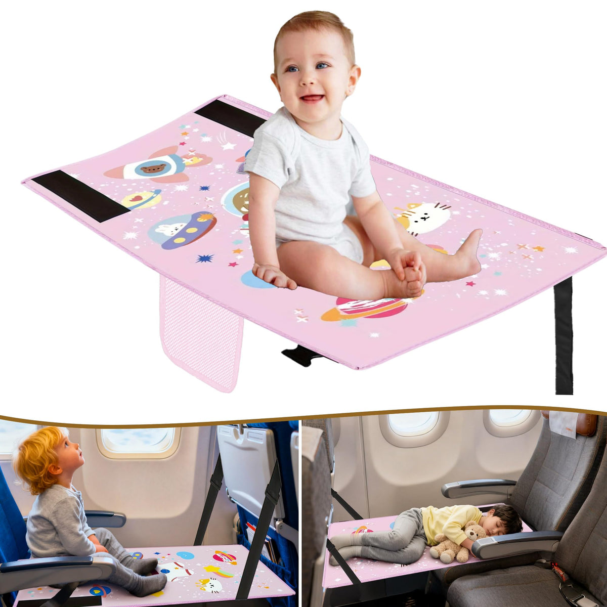 HASTHIP® Cama de Viaje para Bebés 1-3 Años para Avión - Extensor de Asiento y Reposapiés Portátil Niños con Bolsa Transporte,Compatible con la Mayoría Aerolíneas (Rosa)