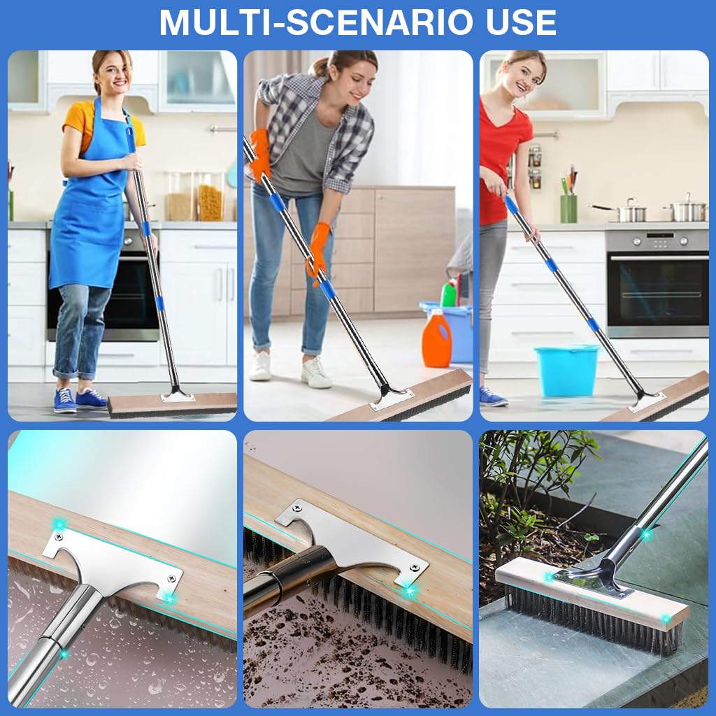 HASTHIP® Floor Scrubber Steel Wire Bristles Floor Scrubber, Outdoor Cleaning Brush with Stainless Steel Handle, Ideal for Deck, Patio, Concrete, and Garage Floors, 19.69 inch Wide 30 inch Long