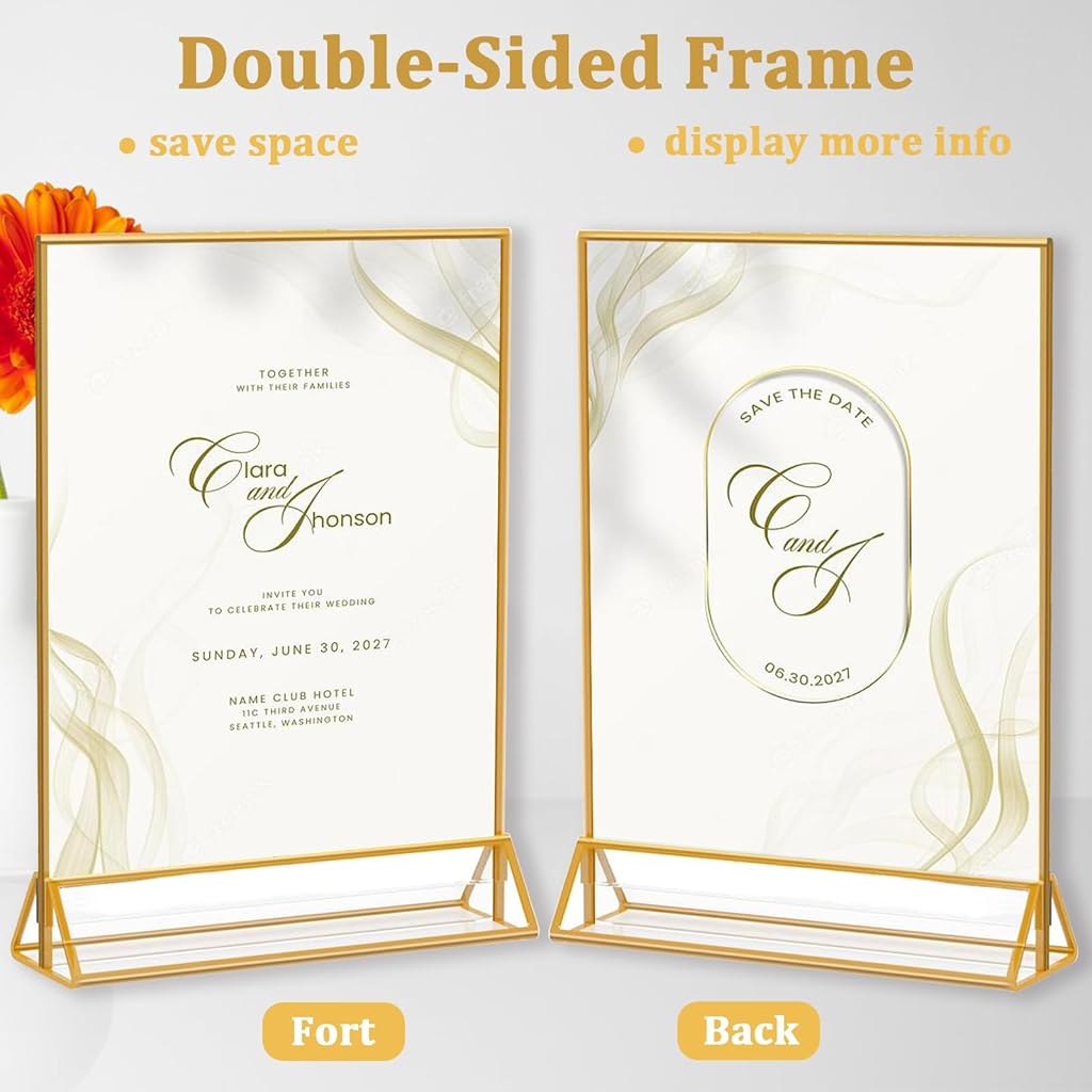 HASTHIP® 4 Pack Acrylic Gold Sign Holder, Double Sided A4 Menu Stand, Clear Vertical Table Display for Restaurant Menus, Office Flyers, Acrylic Photo Frame, Desk Brochure Holder