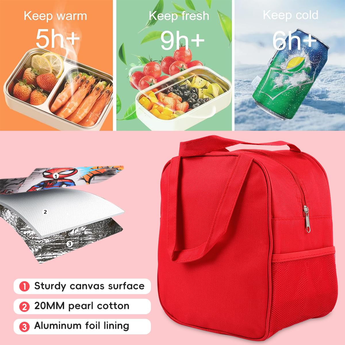 HASTHIP Kids Lunch Bag for School and Picnic featuring Insulated Lining & 23x13x23cm Size | Waterproof Nylon with Handle and Extra Pockets