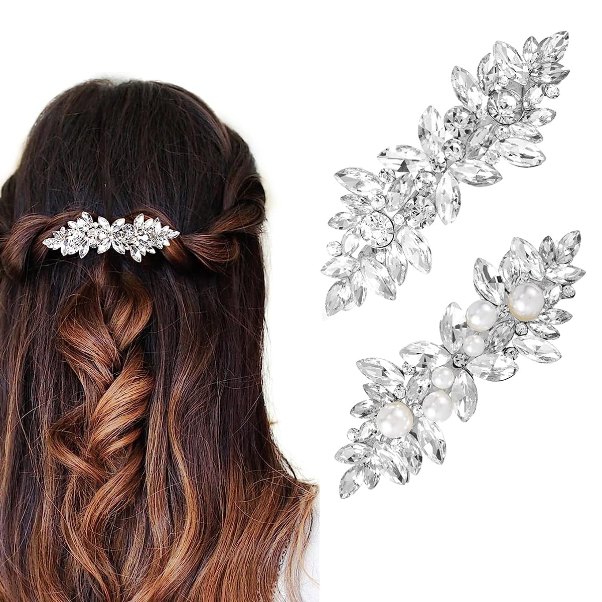 HASTHIP® Pinzas Pelo Mujer con Perlas y Cristales, 2Pcs Horquillas Elegantes Antideslizantes, Clips Franceses de Aleación Plateada para Fiesta, Boda y Uso Diario