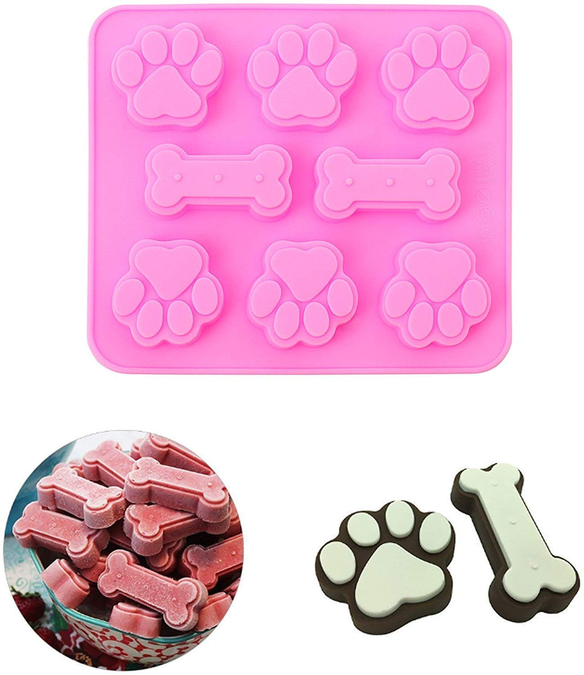 3 Pieces Silicone Molds Puppy Dog Paw & Bone Shaped 2 in 1, 8-Cavity, Reusable Ice Candy Trays Chocolate Cookies Baking Pans