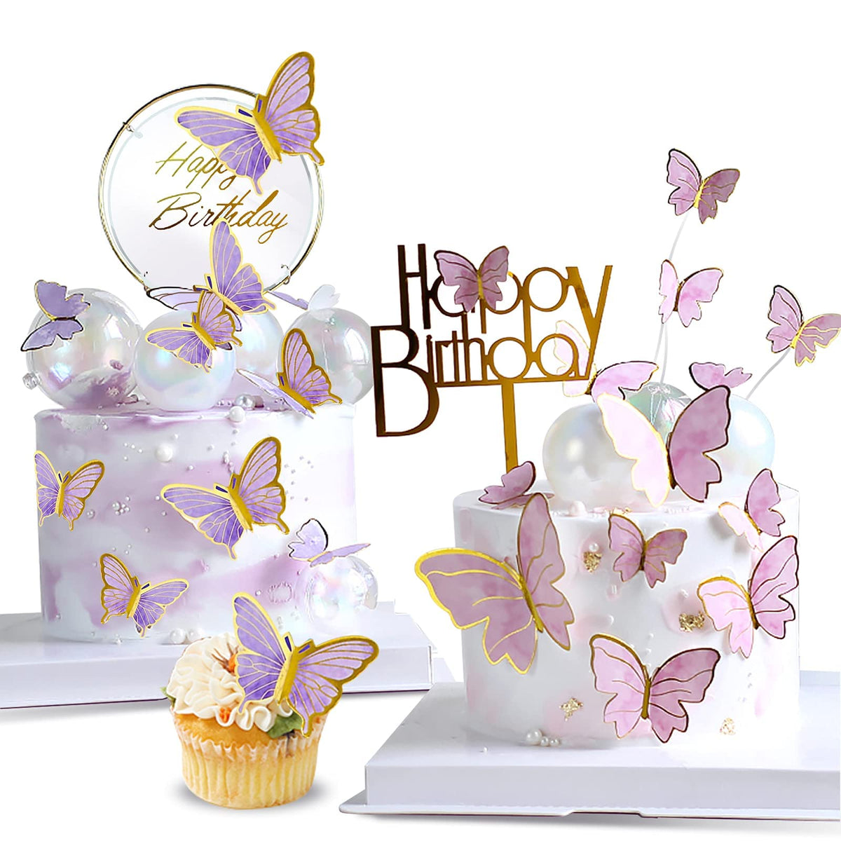 20pcs Butterflies for Cake, Cute Butterfly Cake Decorations Items Happy Birthday Cake Topper for Cake Decoration with 1 Acrylic & 1 Iron Circle Happy Birthday Topper