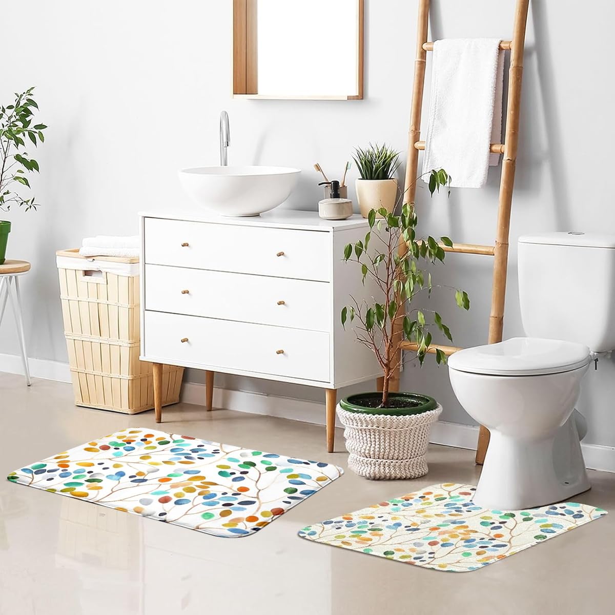HASTHIP Bathroom Shower Curtain Set for Modern Décor with Boho Leaf Print & Waterproof Mats