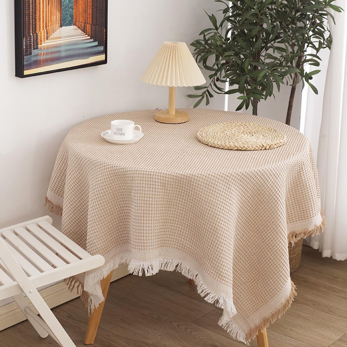 HASTHIP Table Cover for 4 Seater Dining Table 51.2x51.2 in with Cotton Linen Fabric | Beige Square Design