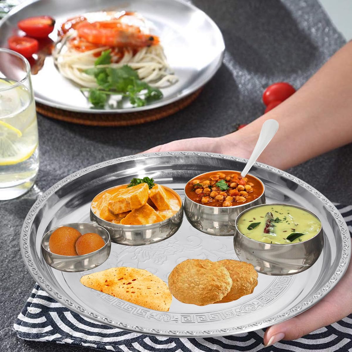 HASTHIP® 11.8 Inches Round Shape Embossed Serving Trays Food Grade, 6Pcs Stainless Steel Dinner Plates, Dishwasher Safe Ideal for Special Occasions and Everyday Use