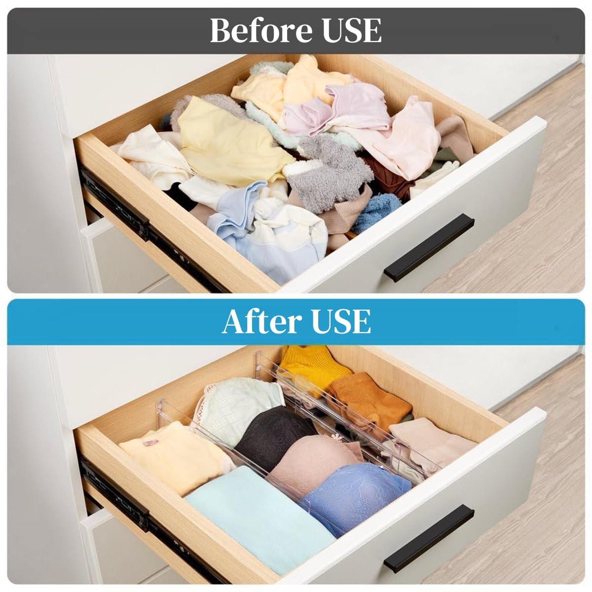 HASTHIP® 2Pcs Drawer Dividers Drawer Organizer Divider Adhesive Drawer Dividers 11''-20.5" Drawer Dividers Transparent Plastic Adhesive Drawer Dividers for Kitchen, Office, Wardrobe