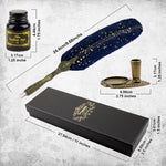Optifit® Vintage Carving Feather Pen Set, Glittering Quill Pen Set Antique Calligraphy Writing Dip Pen with Black Ink, 2 Replacement Nibs, Pen Stand Base, Luxury Signature Pen