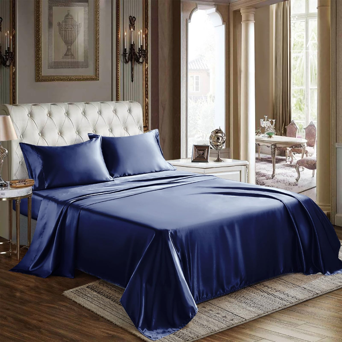 HASTHIP® 106" x 96" Satin Bedsheet Queen Size - 4 Piece Satin Bedsheet with 2 Pillow Covers, 1 Flat Sheet and 1 Deep Pocket Fitted Sheet for Romantic Nights, Navy Blue