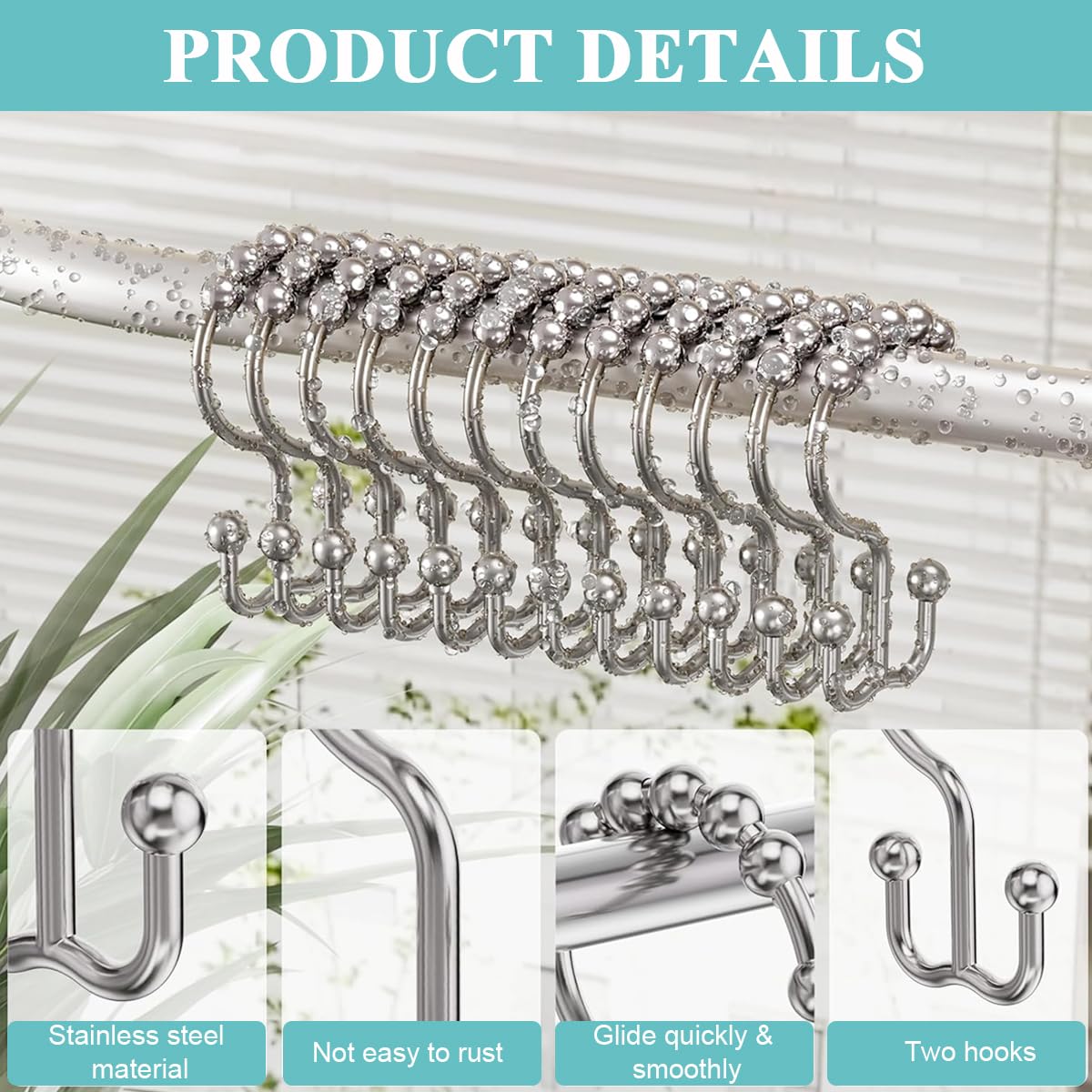 HASTHIP Metal Shower Curtain Hooks for Bathroom with Double Hook Design and Roller Gliders | 12PCS Silver Set