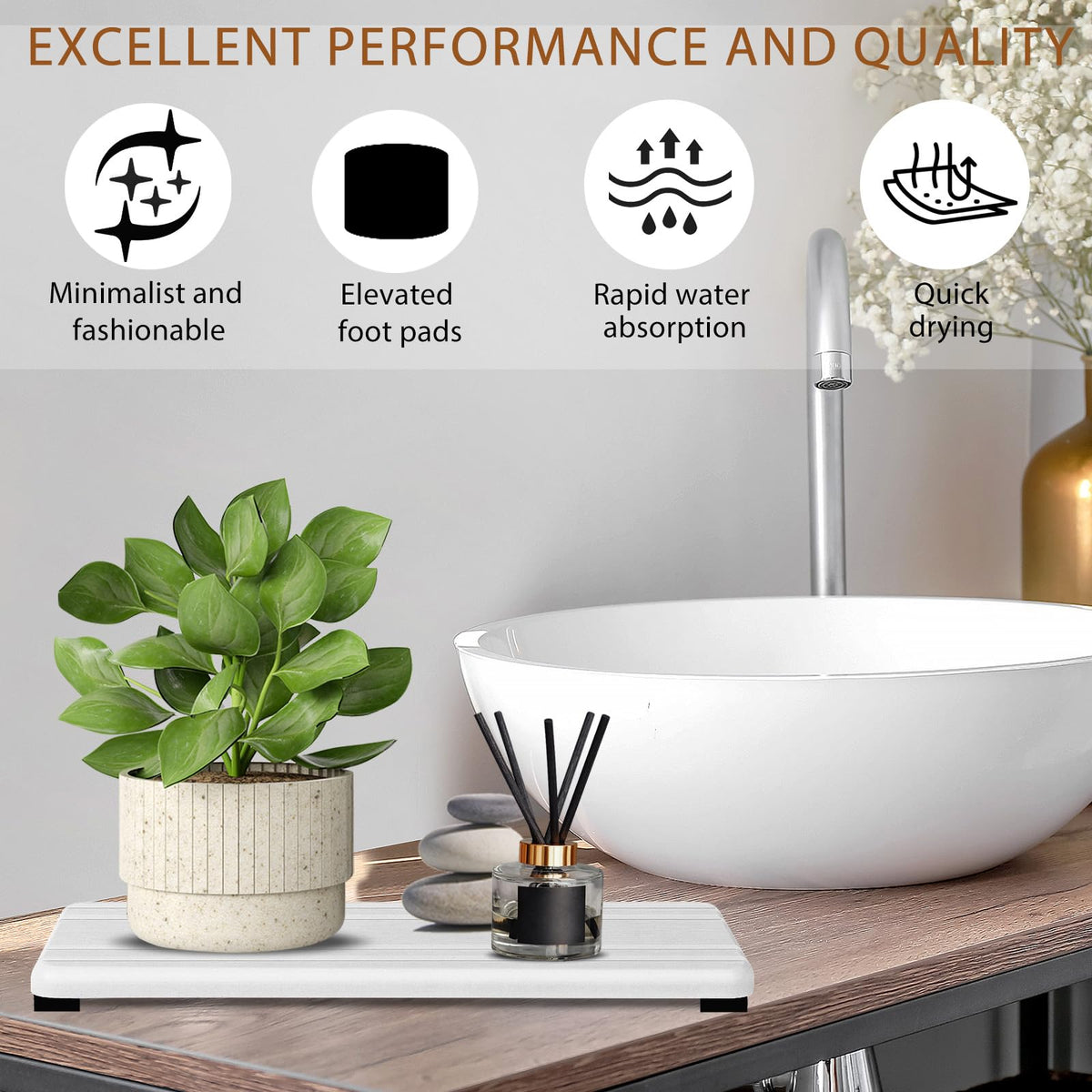 HASTHIP Bathroom Tray Absorbent Pads Set for Vanity Use featuring Non Slip Base and Quick Dry Diatom Mud | 3Pcs White Reusable Mats