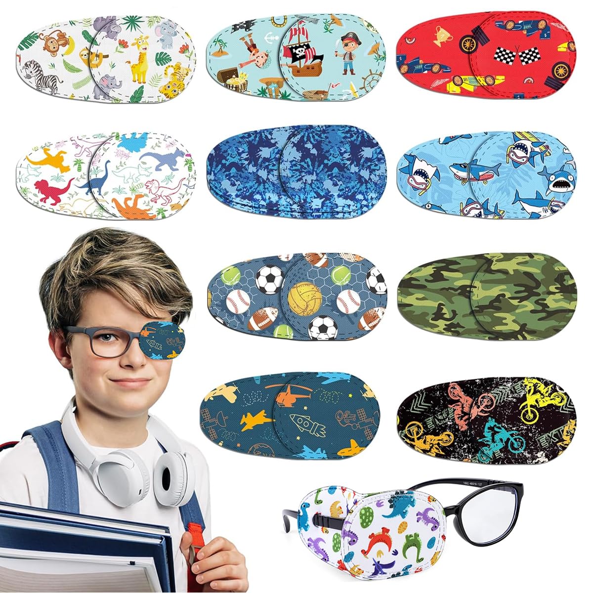 HASTHIP® 10 Piezas Parches Oculares para Niños,Cubierta de Lente Única Reutilizable No Tejida con Dibujos Animados,Parches para Ojo Perezoso y Corrección de Visión Deslizable y Fácil