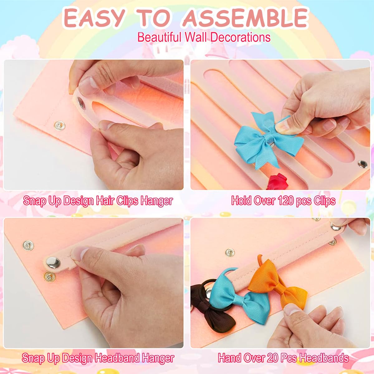 HASTHIP Hair Bows Holder for Girls featuring 16 Ribbons & 2 Carabiners | Soft Felt Wall Organizer