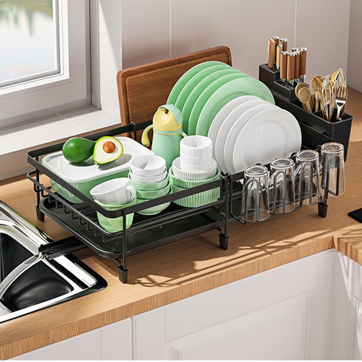 HASTHIP® Dish Dry Rack with Drip Tray Metal Large Size Dish Dry Rack Drainer with Cup Holder, Telescopic Tableware Holder Organzier Kitchen Multipurpose Dry Rack for Dish, Bowl, Tableware, Cup