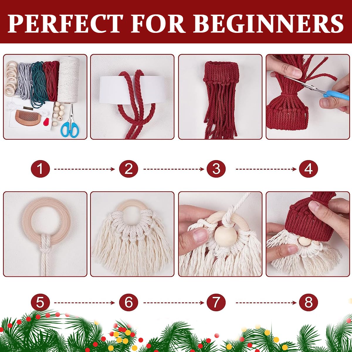 HASTHIP DIY Santa Claus Kit for Christmas Tree Decor featuring Macrame Tools and Yarn 6 Set