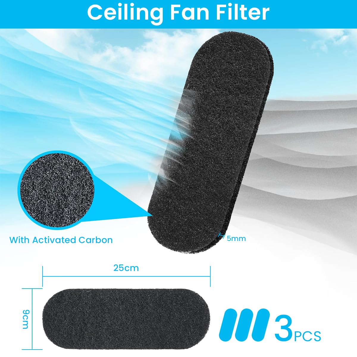 HASTHIP® 3Pcs Ceiling Fan Filters for Blades - 25cmx9cm Activated Carbon Air Filter Pads, Ceiling Fan Dust Catcher, Charcoal Fan Blade Air Purifier Pads, Ceiling Fan Air Filter for Home & Office