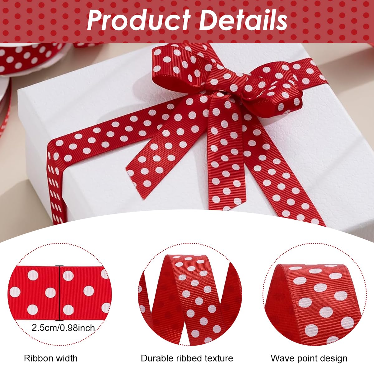HASTHIP Red Polka Dot Ribbon Roll for Gift Wrapping and Crafts 25mm x 24 Yards | Ribbed Texture