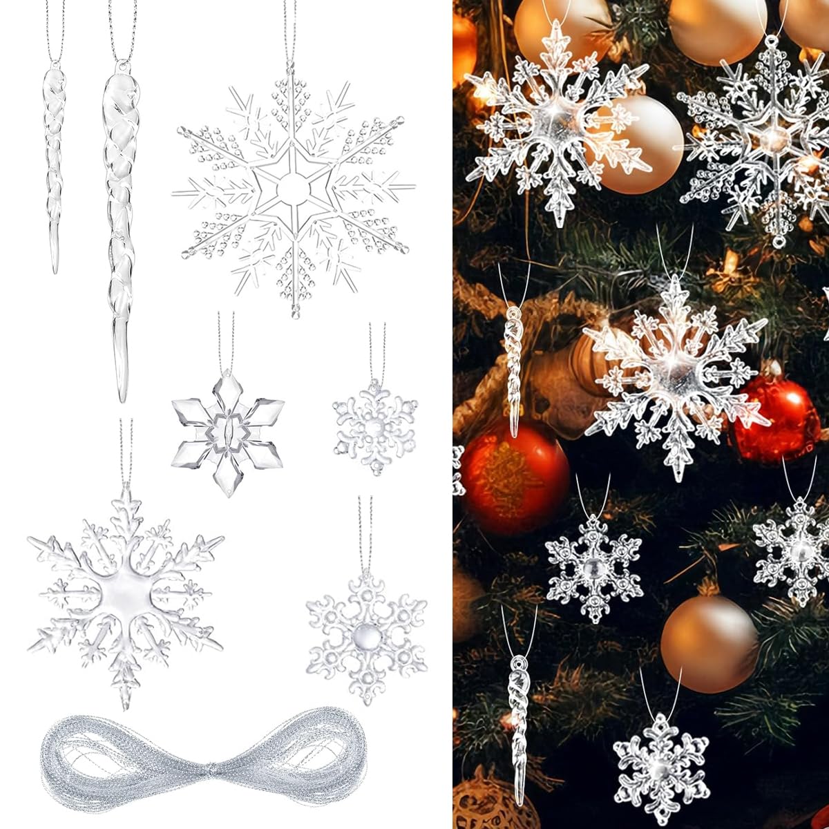 HASTHIP Christmas Tree Decorations featuring 35Pcs Crystal Acrylic Snowflake and Icicle Ornaments for Home and Window Decor | Festive Winter Display
