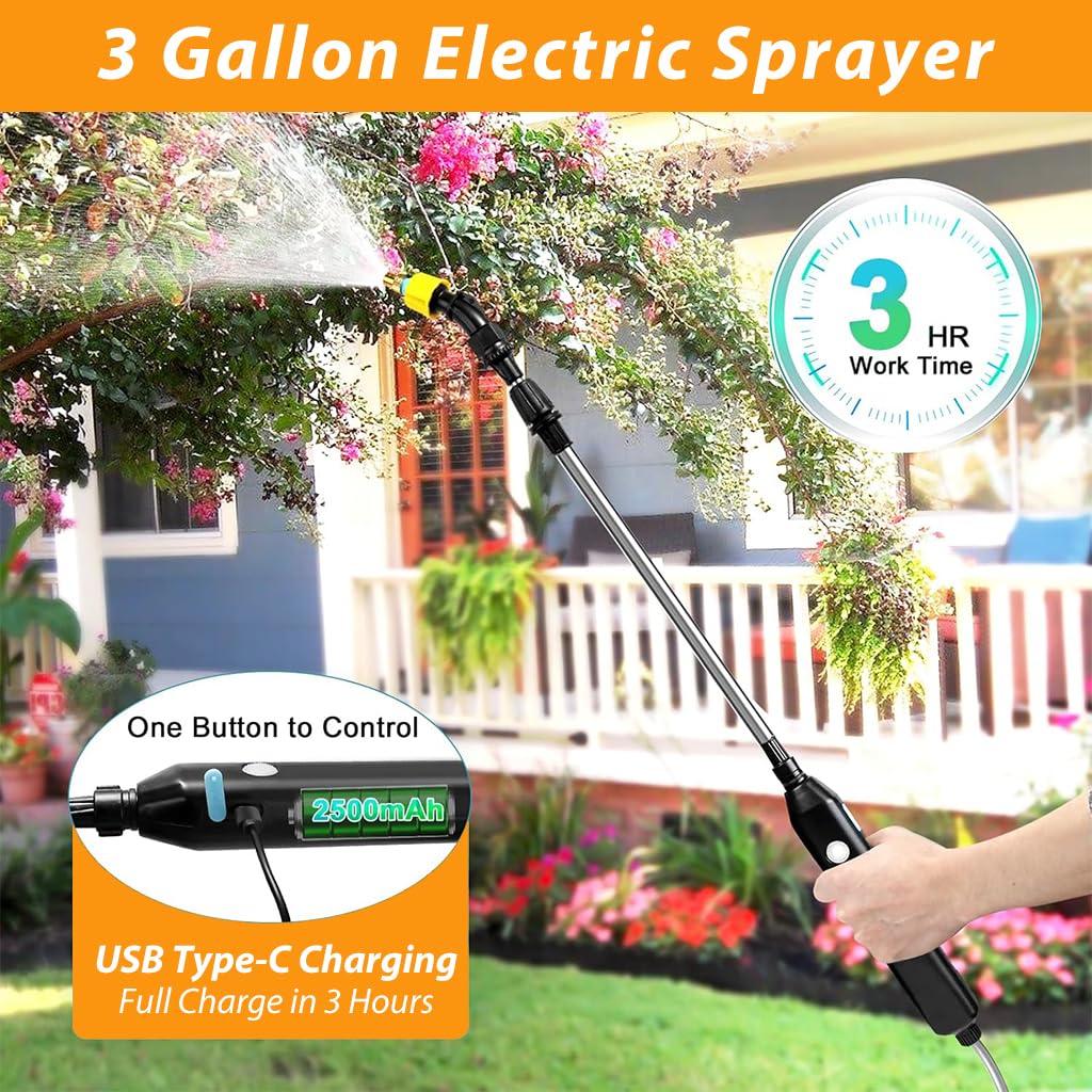 HASTHIP® 12L Water Sprayer Portable Electric Sprayer with Handle & Shoulder Strap 26-36 inches Retractable Sprayer Pipe Rechargeable Electric Sprayer for Watering, Pest Control, Disinfection