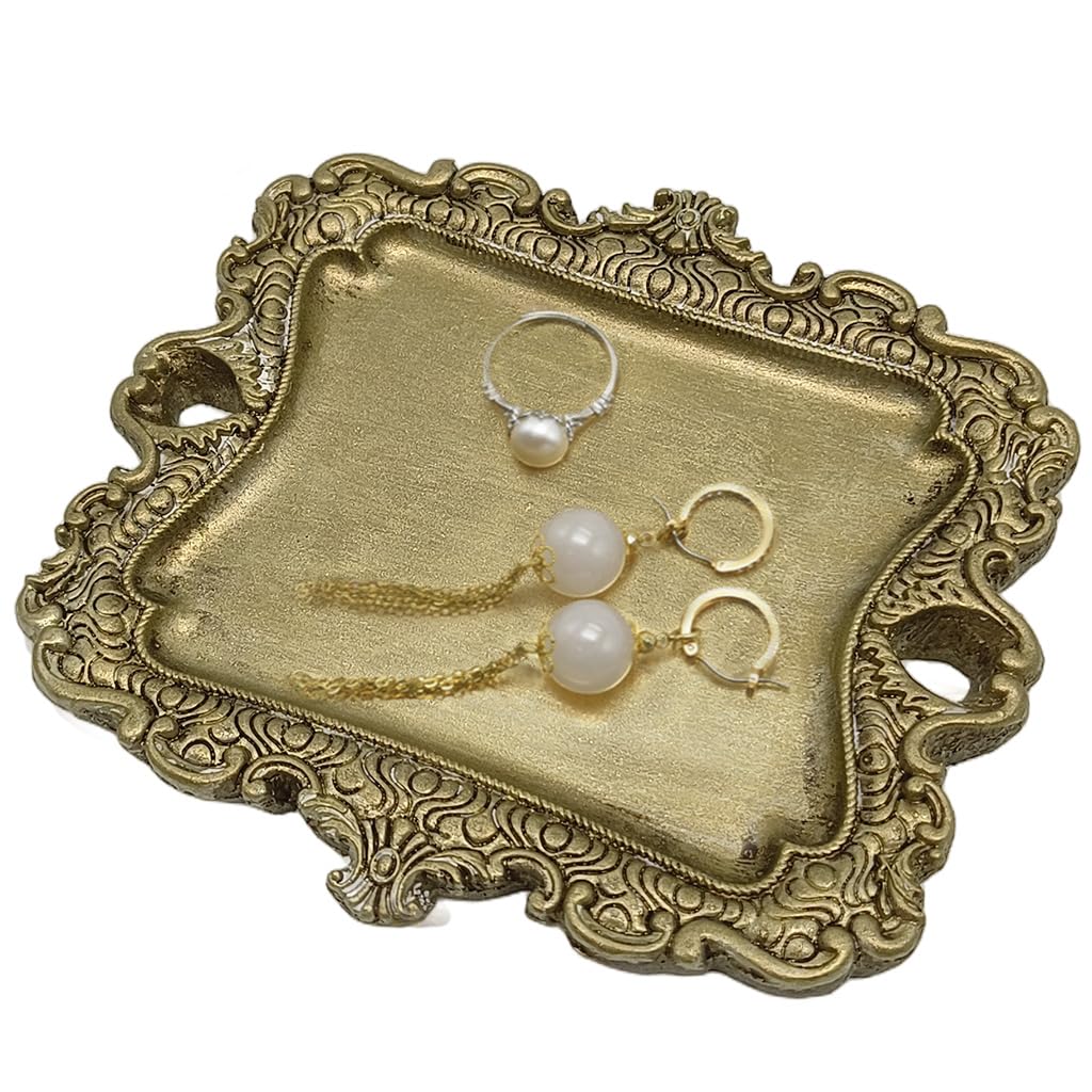 HASTHIP Jewelry Tray Organizer for Dresser featuring Embossed Resin Edge and Retro Metallic Finish 4.92x4.45 in