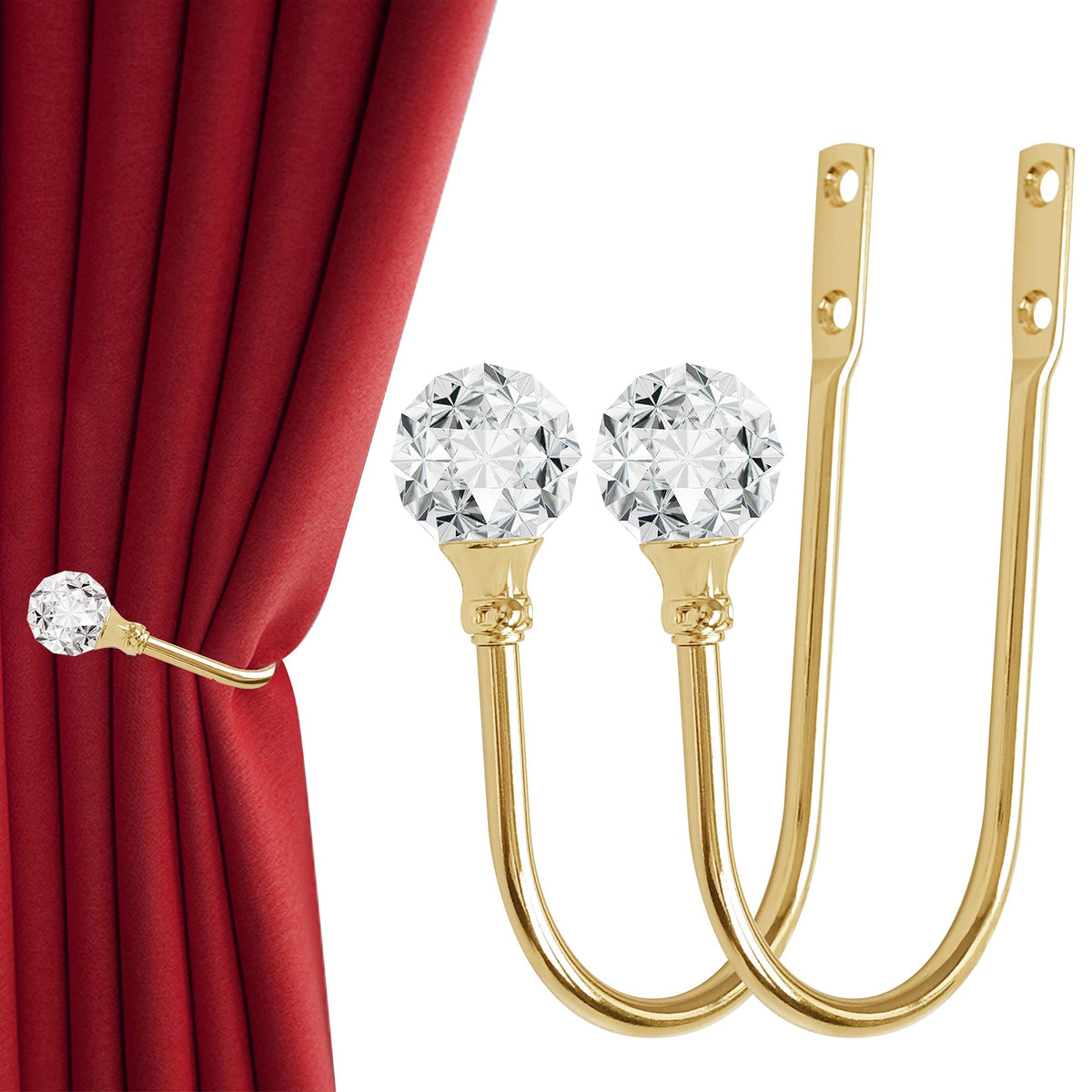 HASTHIP® 2Pcs Curtain Holdback Wall Hooks, Golden Aluminum Alloy Drapery Holders with Acrylic Crystal Ball Tips Decorative Curtain Retainer Hooks for Living Room, Bedroom Décor