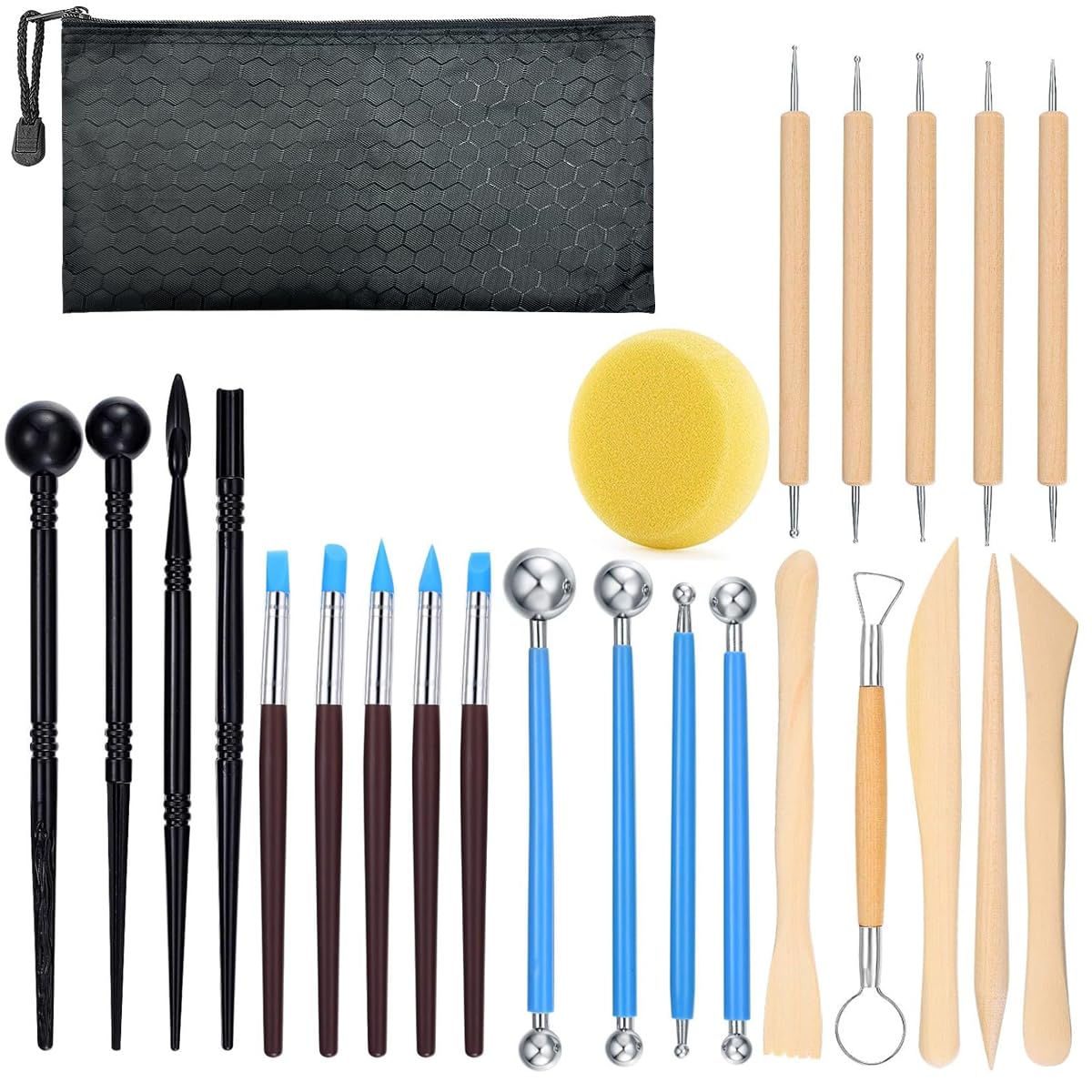 HASTHIP Clay Sculpting Toolkit for Polymer Clay and Ceramics with 25 Tools featuring Wooden Handles and Metal Tips | Storage Bag for Artists and Kids